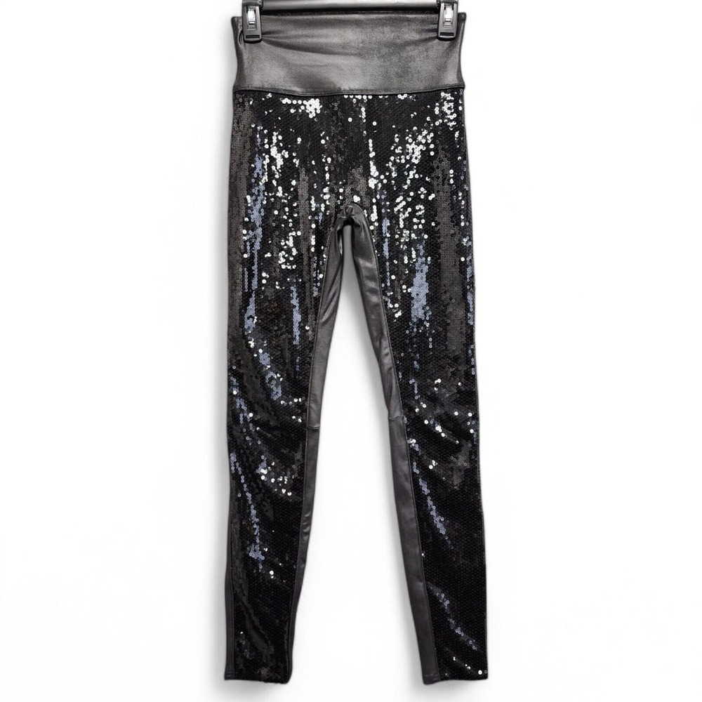 Spanx Sequin Front Faux Leather Legging Pants Women Small Black Stretch Festival